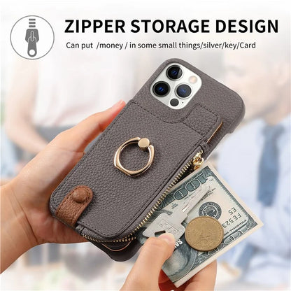 Y3 for iPhone 12 Pro Max Case Zipper Leather Phone Back Cover RFID Blocking Ring Kickstand