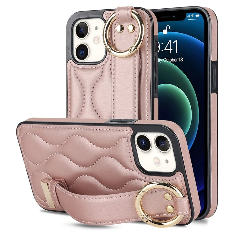 For iPhone 12 mini Case Wave Pattern PU+TPU Kickstand Phone Cover Gold