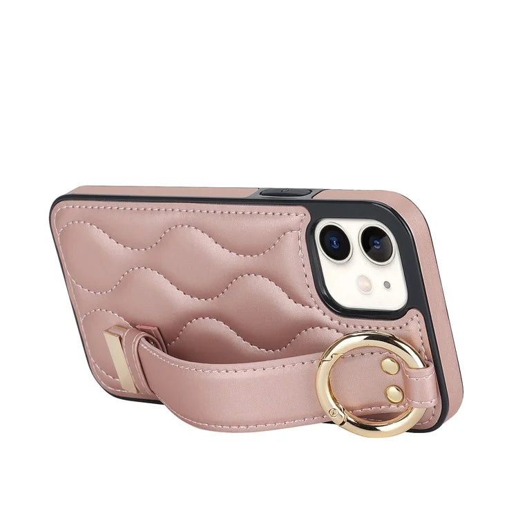 For iPhone 12 mini Case Wave Pattern PU+TPU Kickstand Phone Cover Gold