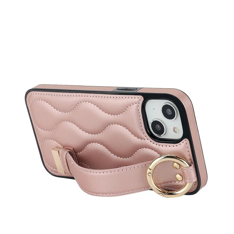 For iPhone 13 Case Wave Pattern PU+TPU Phone Cover with Kickstand Gold