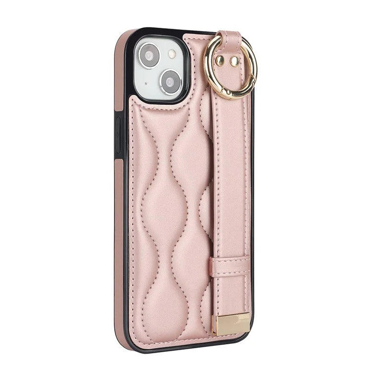 For iPhone 13 Case Wave Pattern PU+TPU Phone Cover with Kickstand Gold