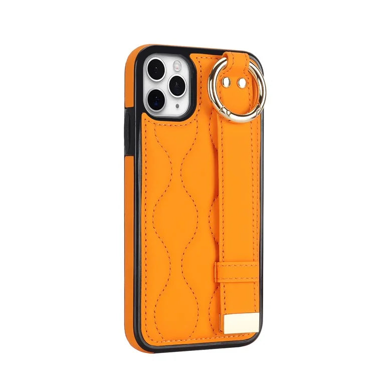For iPhone 11 Pro Max Case Wave Pattern Wristband Kickstand PU+TPU Phone Cover