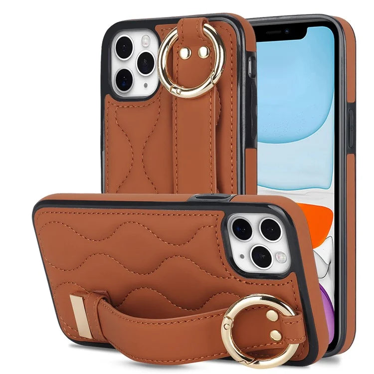 For iPhone 11 Pro Max Case Wave Pattern Wristband Kickstand PU+TPU Phone Cover