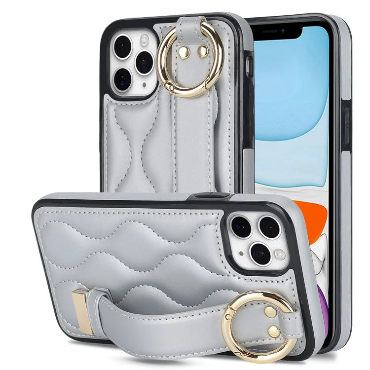For iPhone 11 Pro Max Case Wave Pattern Wristband Kickstand PU+TPU Phone Cover