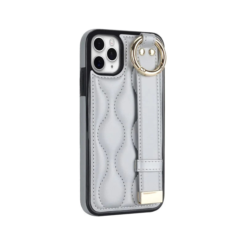For iPhone 11 Pro Max Case Wave Pattern Wristband Kickstand PU+TPU Phone Cover