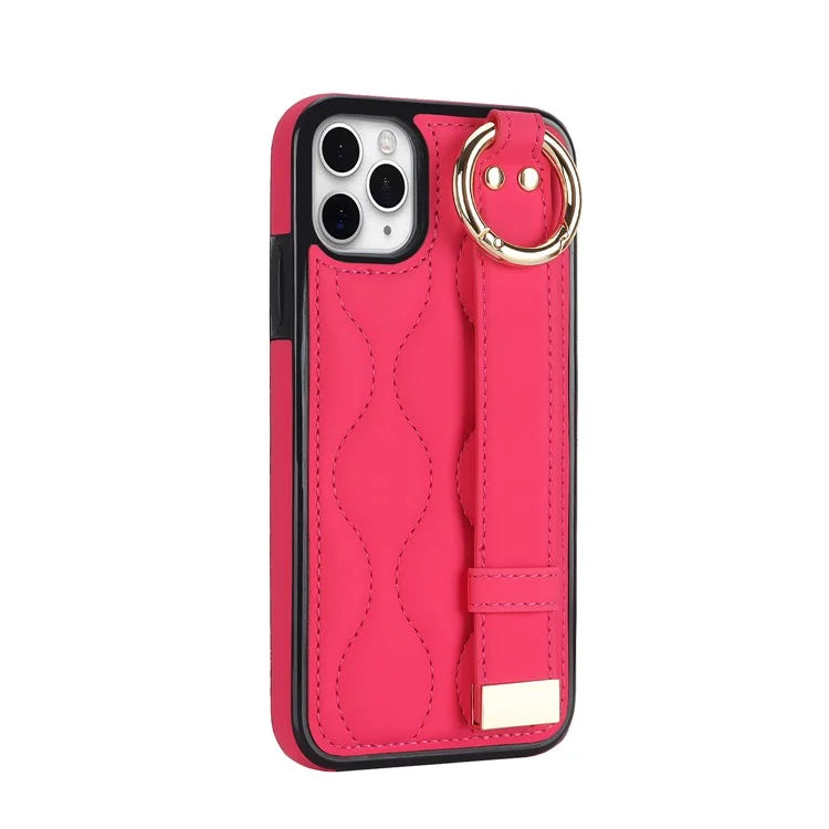 For iPhone 11 Pro Max Case Wave Pattern Wristband Kickstand PU+TPU Phone Cover