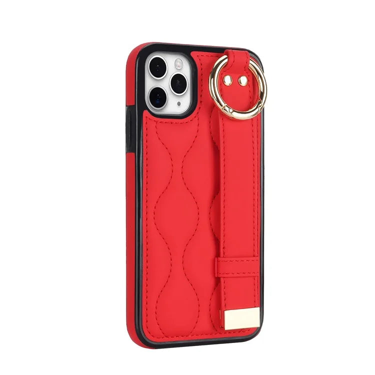 For iPhone 11 Pro Max Case Wave Pattern Wristband Kickstand PU+TPU Phone Cover