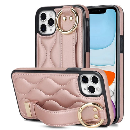 For iPhone 11 Pro Max Case Wave Pattern Wristband Kickstand PU+TPU Phone Cover Gold