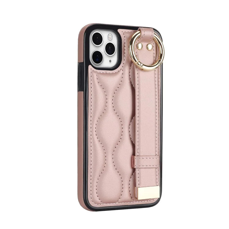 For iPhone 11 Pro Max Case Wave Pattern Wristband Kickstand PU+TPU Phone Cover Gold