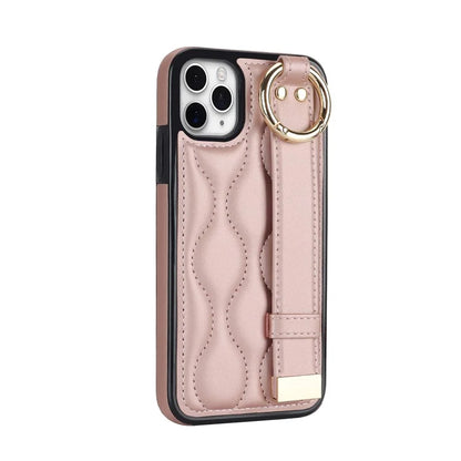 For iPhone 11 Pro Max Case Wave Pattern Wristband Kickstand PU+TPU Phone Cover Gold