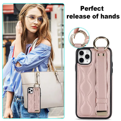 For iPhone 11 Pro Max Case Wave Pattern Wristband Kickstand PU+TPU Phone Cover Gold