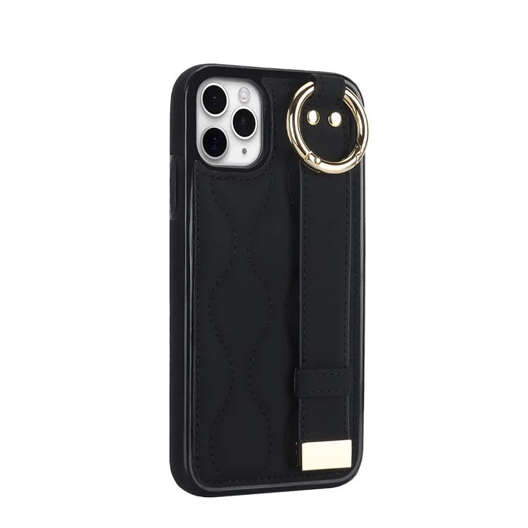 For iPhone 11 Pro Max Case Wave Pattern Wristband Kickstand PU+TPU Phone Cover