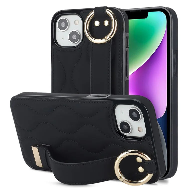 For iPhone 14 Case Wristband Design Wave Pattern PU+TPU Phone Cover