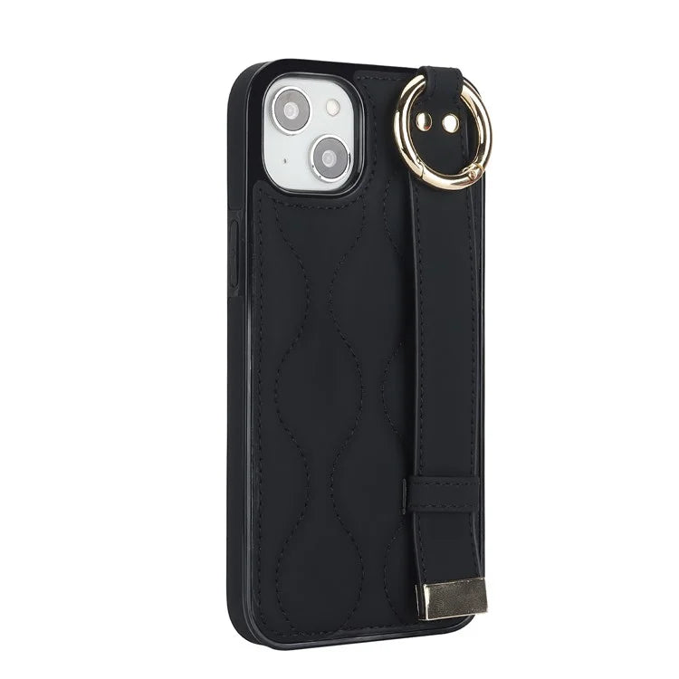 For iPhone 14 Case Wristband Design Wave Pattern PU+TPU Phone Cover