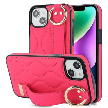 For iPhone 14 Case Wristband Design Wave Pattern PU+TPU Phone Cover