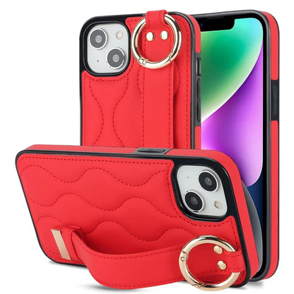 For iPhone 14 Case Wristband Design Wave Pattern PU+TPU Phone Cover