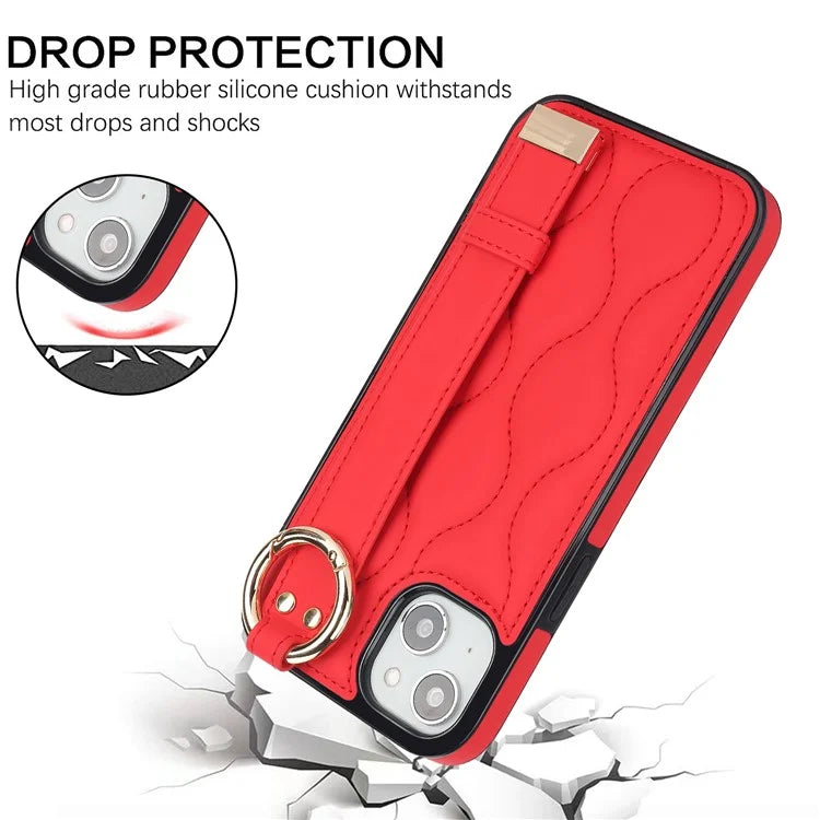 For iPhone 14 Case Wristband Design Wave Pattern PU+TPU Phone Cover