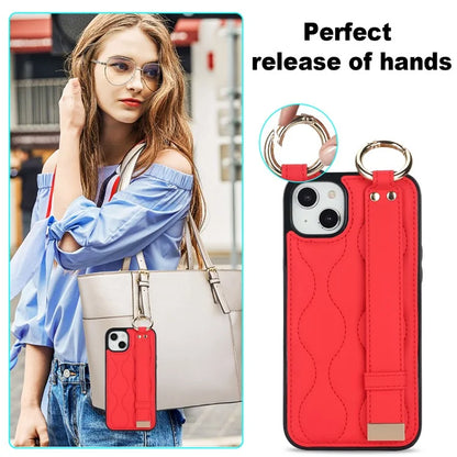 For iPhone 14 Case Wristband Design Wave Pattern PU+TPU Phone Cover