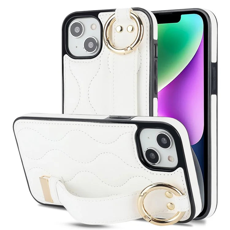 For iPhone 14 Case Wristband Design Wave Pattern PU+TPU Phone Cover