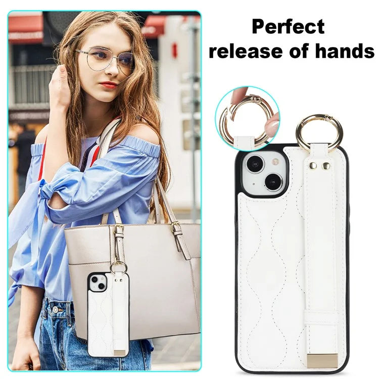 For iPhone 14 Case Wristband Design Wave Pattern PU+TPU Phone Cover