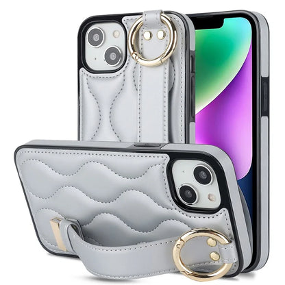 For iPhone 14 Case Wristband Design Wave Pattern PU+TPU Phone Cover