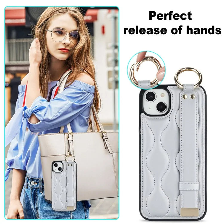 For iPhone 14 Case Wristband Design Wave Pattern PU+TPU Phone Cover