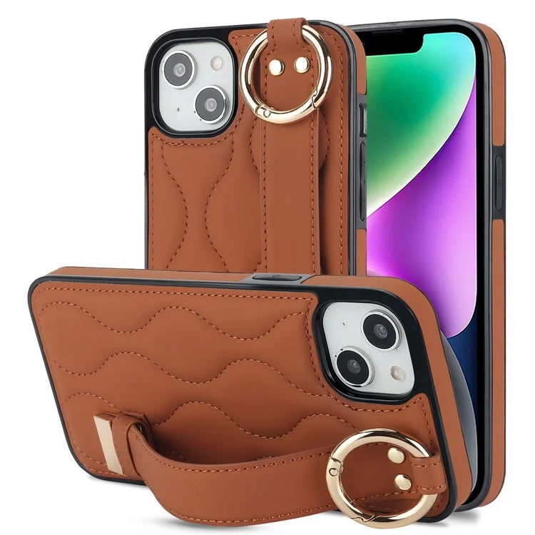For iPhone 14 Case Wristband Design Wave Pattern PU+TPU Phone Cover