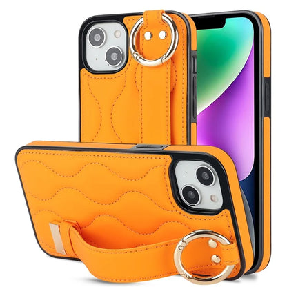 For iPhone 13 mini Cell Phone Case Wristband Design Wave Pattern PU+TPU Cover