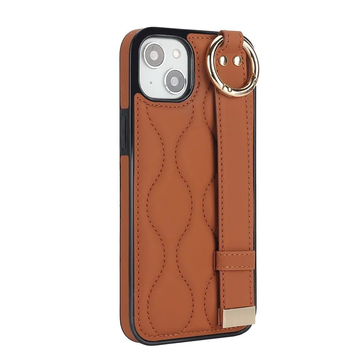 For iPhone 13 mini Cell Phone Case Wristband Design Wave Pattern PU+TPU Cover