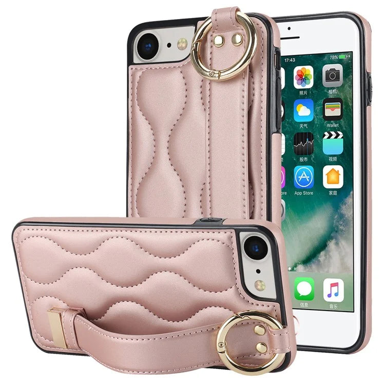 For iPhone 7 / 8 / SE (2020) / SE (2022) Cell Phone Case with Wristband Wave Pattern PU+TPU Cover Gold