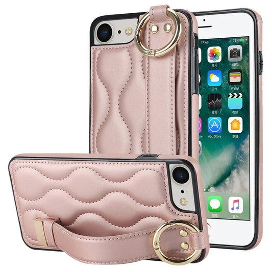 For iPhone 7 / 8 / SE (2020) / SE (2022) Cell Phone Case with Wristband Wave Pattern PU+TPU Cover Gold