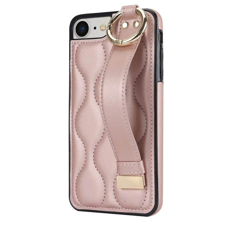 For iPhone 7 / 8 / SE (2020) / SE (2022) Cell Phone Case with Wristband Wave Pattern PU+TPU Cover Gold