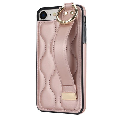 For iPhone 7 / 8 / SE (2020) / SE (2022) Cell Phone Case with Wristband Wave Pattern PU+TPU Cover Gold