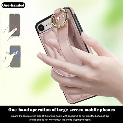 For iPhone 7 / 8 / SE (2020) / SE (2022) Cell Phone Case with Wristband Wave Pattern PU+TPU Cover Gold