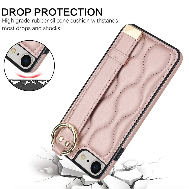 For iPhone 7 / 8 / SE (2020) / SE (2022) Cell Phone Case with Wristband Wave Pattern PU+TPU Cover Gold