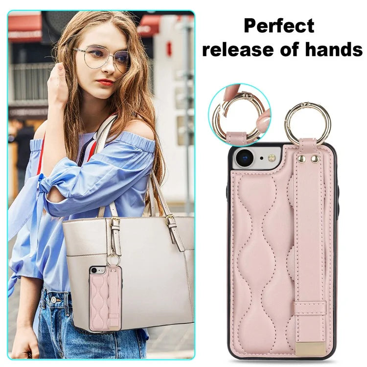 For iPhone 7 / 8 / SE (2020) / SE (2022) Cell Phone Case with Wristband Wave Pattern PU+TPU Cover Gold
