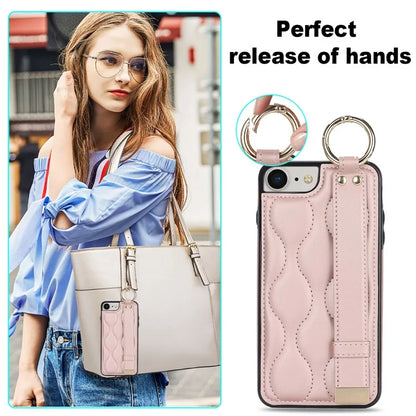 For iPhone 7 / 8 / SE (2020) / SE (2022) Cell Phone Case with Wristband Wave Pattern PU+TPU Cover Gold