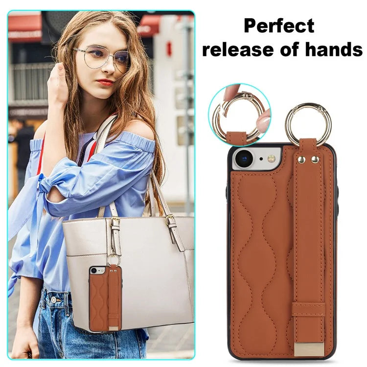 For iPhone 7 / 8 / SE (2020) / SE (2022) Cell Phone Case with Wristband Wave Pattern PU+TPU Cover