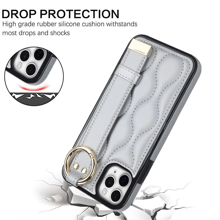 For iPhone 11 Pro Wave Pattern Cell Phone Case PU+TPU Wristband Cover