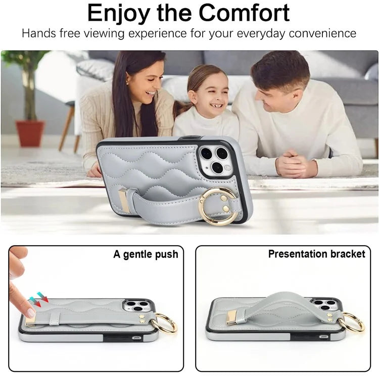 For iPhone 11 Pro Wave Pattern Cell Phone Case PU+TPU Wristband Cover