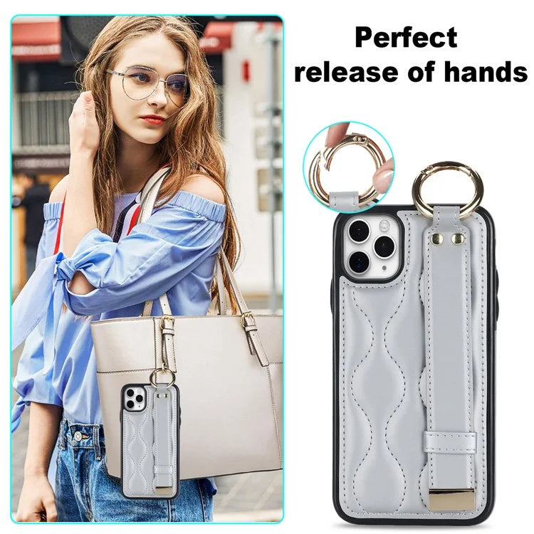 For iPhone 11 Pro Wave Pattern Cell Phone Case PU+TPU Wristband Cover