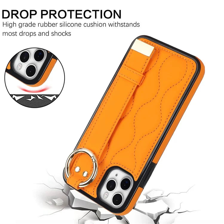 For iPhone 11 Pro Wave Pattern Cell Phone Case PU+TPU Wristband Cover