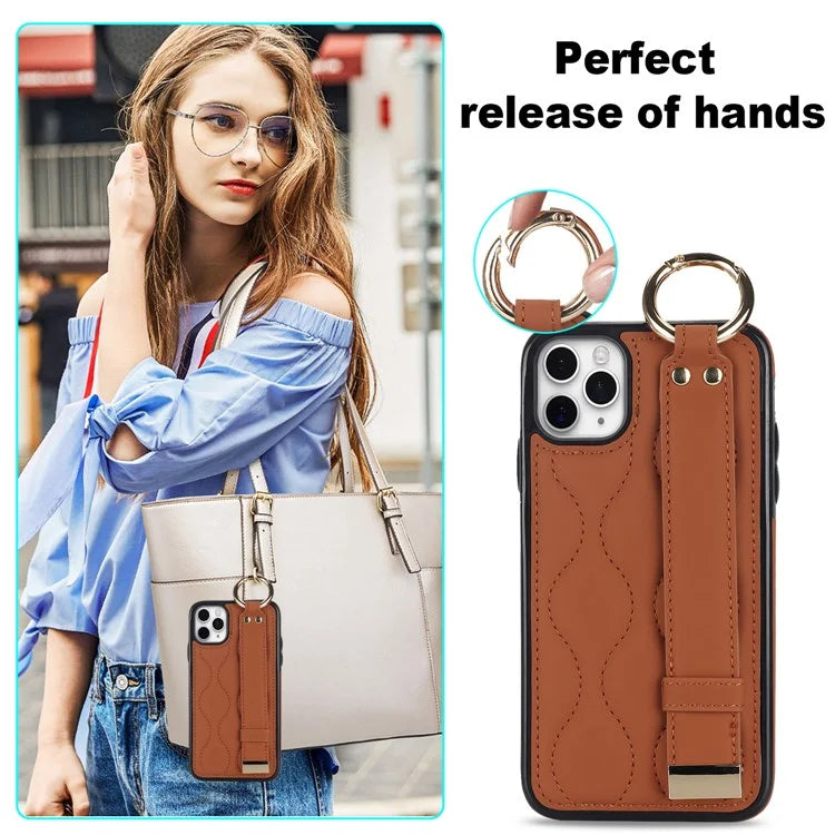 For iPhone 11 Pro Wave Pattern Cell Phone Case PU+TPU Wristband Cover