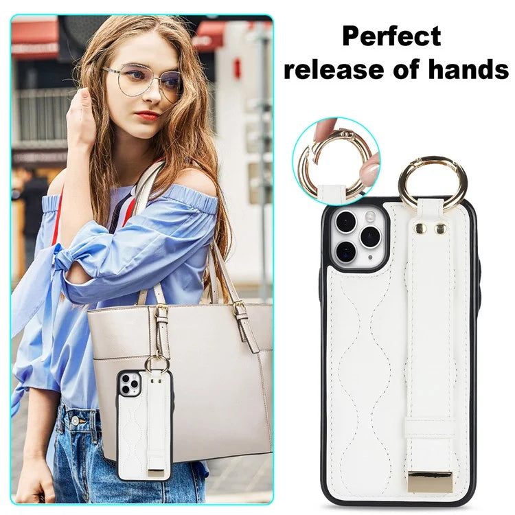 For iPhone 11 Pro Wave Pattern Cell Phone Case PU+TPU Wristband Cover