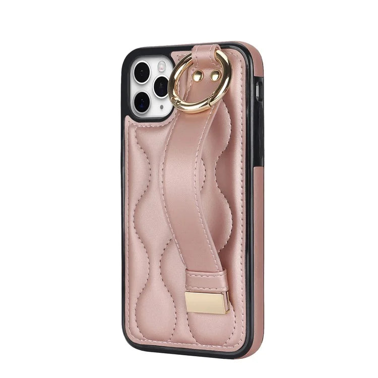 For iPhone 11 Pro Wave Pattern Cell Phone Case PU+TPU Wristband Cover Gold