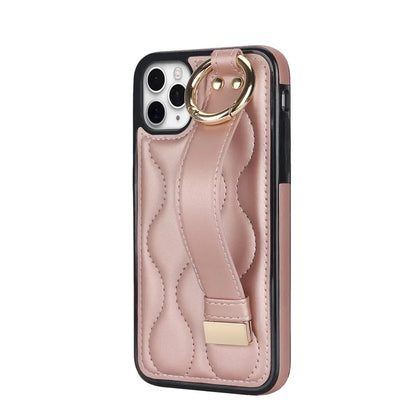 For iPhone 11 Pro Wave Pattern Cell Phone Case PU+TPU Wristband Cover Gold