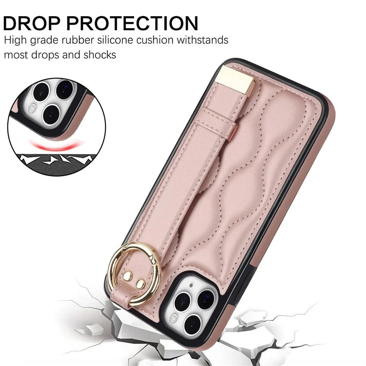 For iPhone 11 Pro Wave Pattern Cell Phone Case PU+TPU Wristband Cover Gold
