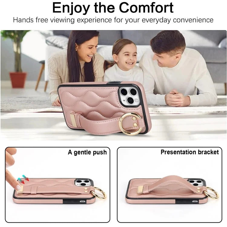 For iPhone 11 Pro Wave Pattern Cell Phone Case PU+TPU Wristband Cover Gold