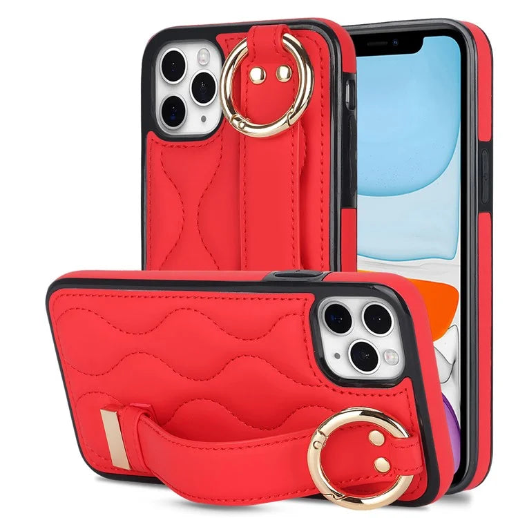 For iPhone 11 Pro Wave Pattern Cell Phone Case PU+TPU Wristband Cover