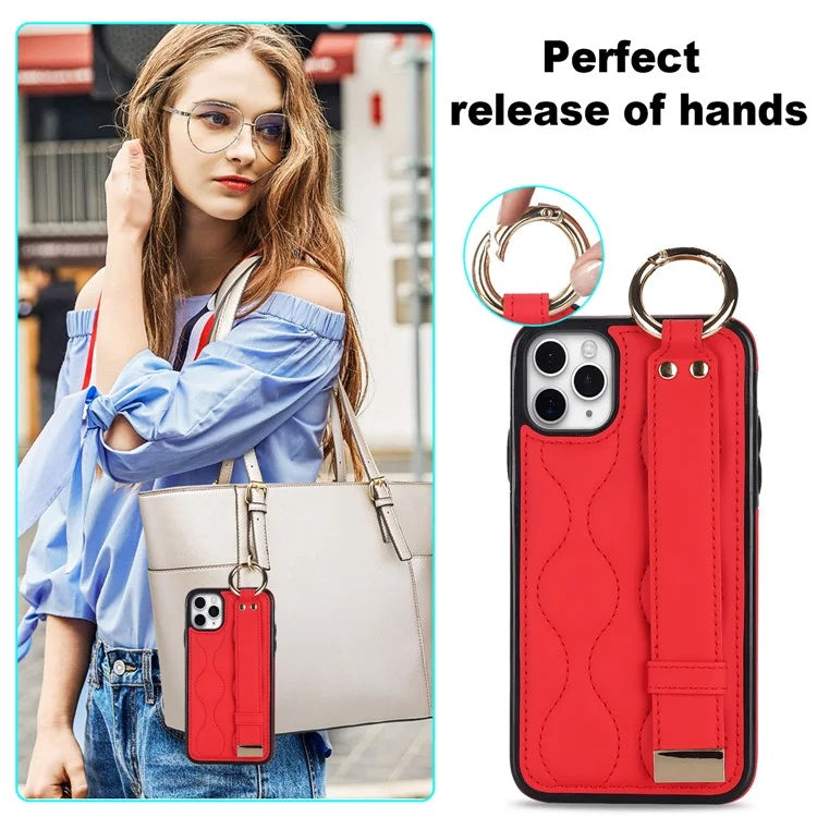 For iPhone 11 Pro Wave Pattern Cell Phone Case PU+TPU Wristband Cover